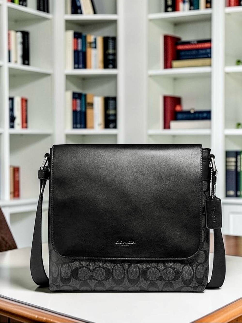 COACH Charles Messenger | Signature Canvas & Leather | Charcoal Black Crossbody